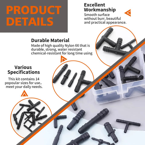 MINIMARU 119pcs heat-resistant nylon vacuum hose connectors, 14 sizes, black barbed tees and elbows in storage case