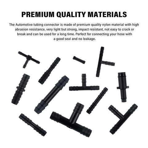 Car vacuum hose connector set in black nylon, assorted 12 sizes with tee, straight and reducer fittings