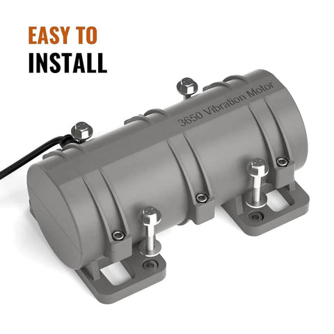 Close-up view of 3650 vibration motor with mounting bracket, easy installation text; industrial design; grey finish.
