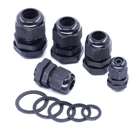 Must Have All Purpose Nylon Waterproof Cable Gland Kit 30 Pack Adjustable 3.5 To 13mm Glands PG7 PG9 PG11 PG13.5 PG16, black glands with washers