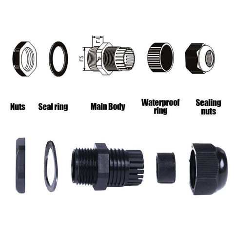 Exploded view of Must Have All Purpose Nylon Waterproof Cable Gland Kit 30 Pack Adjustable 3.5 To 13mm Glands PG7 PG9 PG11 PG13.5 PG16