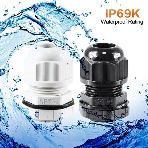 Nylon IP68 Waterproof NPT Cable Glands in white and black, IP69K rated, for industrial and marine use