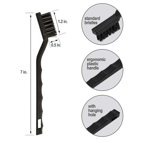 Diagram of a wire brush from the 6Pcs Wire Brush Set, details of standard bristles, ergonomic handle, and hanging hole shown.