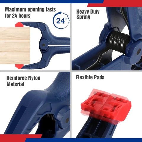 Close-up of Eight Piece Clamp Set for Woodworking with reinforced nylon material and flexible pads