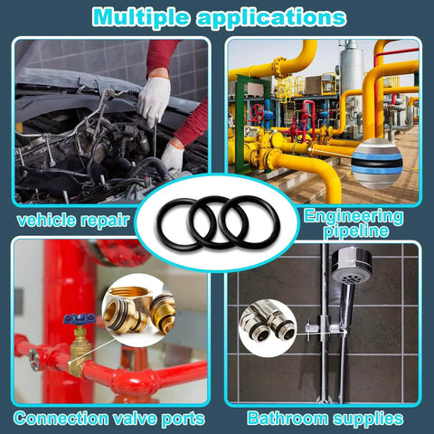 Image showing multiple applications of O Ring Assortment Kit With 32 Sizes And 1540 Rubber Seals in automotive and plumbing.