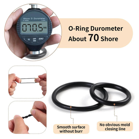 O Ring Kit 1050 Pcs With 21 Sizes Nitrile Rubber Seals showing durometer reading and smooth surface details for quality assurance