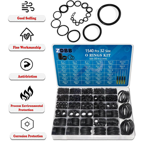 Pro Grade All In One O Ring Kit With 1540 Pieces, 32 Sizes, Metric Nitrile Rubber Seals Set Including 4 Pick Tools displayed in open box