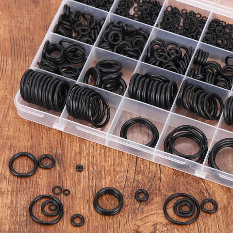 DIY Friendly O Ring Kit With 500 Pcs In 20 Sizes For Plumbing Automotive And Pressure Washer Sealing Gaskets And Repair For Faucets Hoses Sinks Pumps Valves And Air Or Gas Connections, showing assorted rubber O-rings in a labeled case.