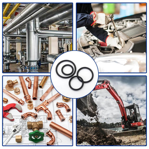 Collage showing plumbing, automotive, construction, and O-rings for Universal O-Ring Kit With 32 Standard USA Sizes, 407-Piece Buna-N NBR.