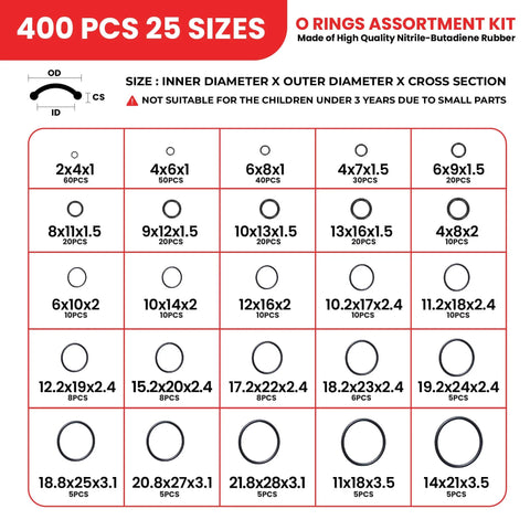 400 Piece O Ring Kit With 25 Sizes For Automotive, Plumbing, And General Repairs, Nitrile Rubber Seals Size Chart