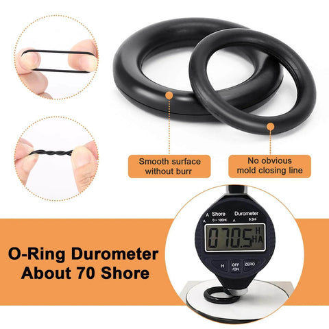 DIY Friendly O Ring Kit With 500 Pcs In 20 Sizes For Plumbing Automotive And Pressure Washer Sealing Gaskets And Repair For Faucets Hoses Sinks Pumps Valves And Air Or Gas Connections, showing O-rings with smooth surface, no burrs, and 70 Shore durometer.
