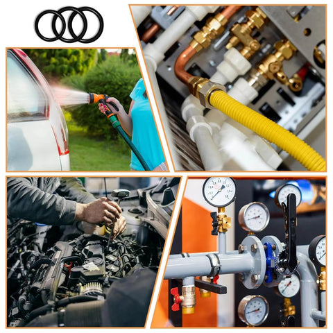 Collage showing DIY Friendly O Ring Kit With 500 Pcs In 20 Sizes For Plumbing Automotive And Pressure Washer Sealing Gaskets And Repair use