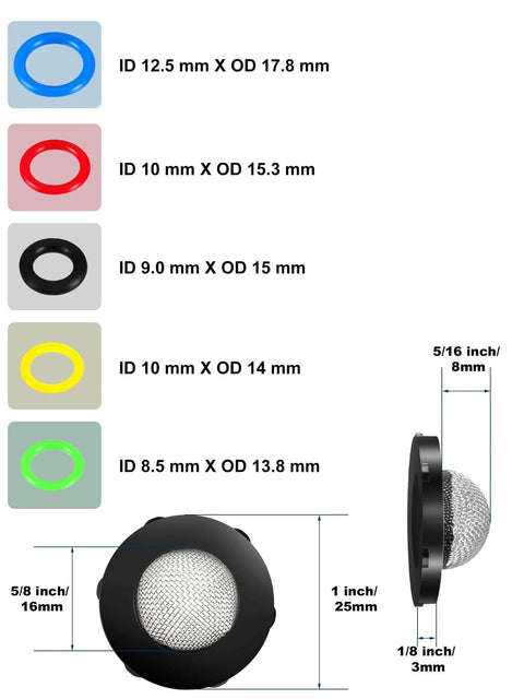 48 Piece O Ring Replacement Kit for Pressure Washers, 6 Size Seals Set, Stainless Steel Filter Included, color-coded sizes shown