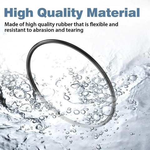 Three Pack O Ring Replacement Seals For Your Home Reverse Osmosis Housings Fits Three Point Five Inch OD Filtration Housings Compatible With Essence And Ultimate RO Systems Made Of Flexible Nitrile Rubber For No Drip Leak Proof Durable Water Filter Seals shown in water with text emphasizing high quality rubber.
