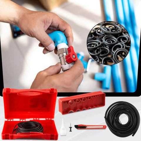 Buna N All In One O Ring Splicing Kit With 70A Nitrile Rubber O Ring Cord Kit Including 9 Sizes Rubber Strips Cutting Block Knife Glue Clamp Gloves For Automotive Hydraulic Plumbing Scuba Repair image showing tools and o-ring application