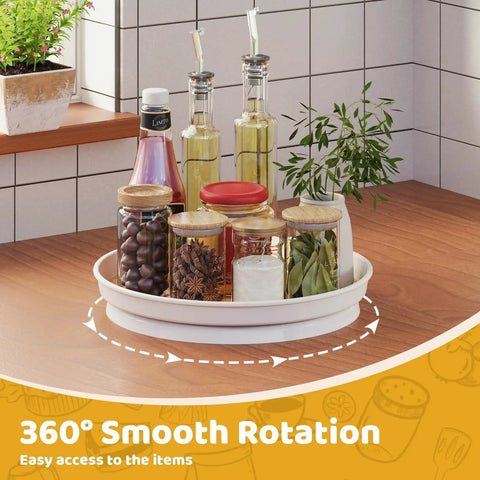 Two Pack 10 Inch Lazy Susan Turntable displayed on kitchen countertop holding spices and oils with 360° smooth rotation for accessibility