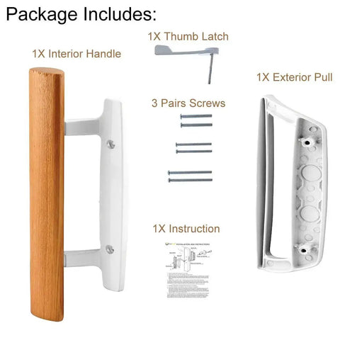 Package contents of Mortise Style Reversible Sliding Patio Door Handle Set With Oak Wood Interior Handle And Exterior Pull In White Diecast Finish