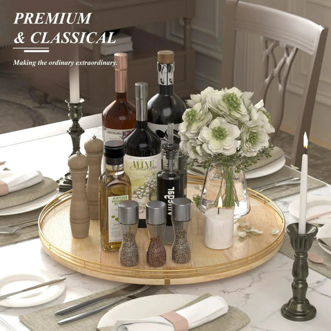 Extra Large 21 Inch Wooden Lazy Susan Turntable With Premium Oak And Iron Construction on dining table with decor and condiments