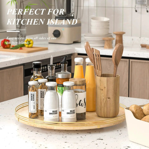 Extra Large 21 Inch Wooden Lazy Susan Turntable with Premium Oak and Iron Construction for kitchen island