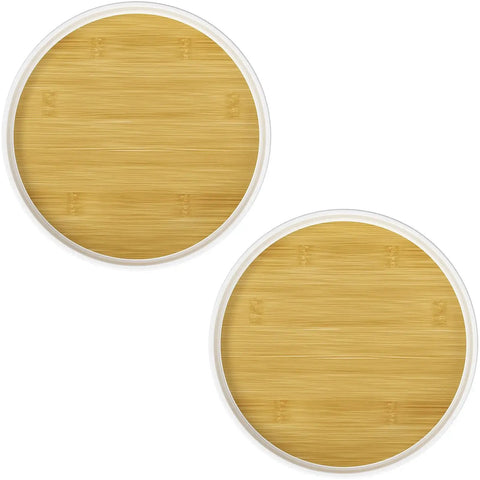 Two Pack 10 Inch Lazy Susan Turntable For Cabinets And Tables Perfect For Kitchen Pantry Refrigerator Storage Rotating Spice Organizer With Oak Finish Durable Melamine Surface Easy To Clean 360 Degree Spin For Decluttering And Accessibility