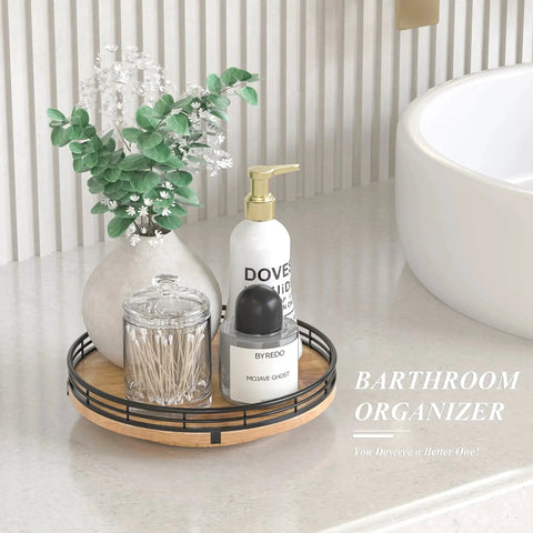 9 Inch Oak Wood Lazy Susan Turntable Organizer for Cabinets and Tables with toiletries on bathroom countertop