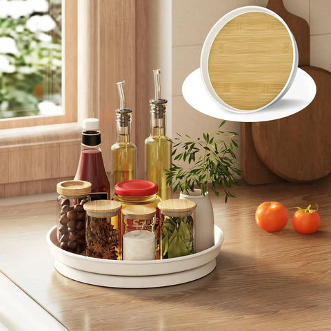 Two Pack 10 Inch Lazy Susan Turntable For Cabinets And Tables Perfect For Kitchen Pantry Refrigerator Storage Rotating Spice Organizer With Oak Finish Durable Melamine Surface Easy To Clean 360 Degree Spin For Decluttering And Accessibility displaying on kitchen table with spices