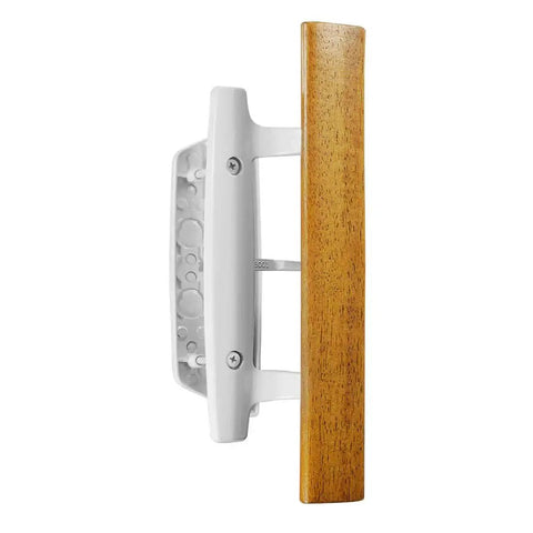 Side view of Mortise Style Reversible Sliding Patio Door Handle Set With Oak Wood Interior Handle And Exterior Pull In White Diecast Finish