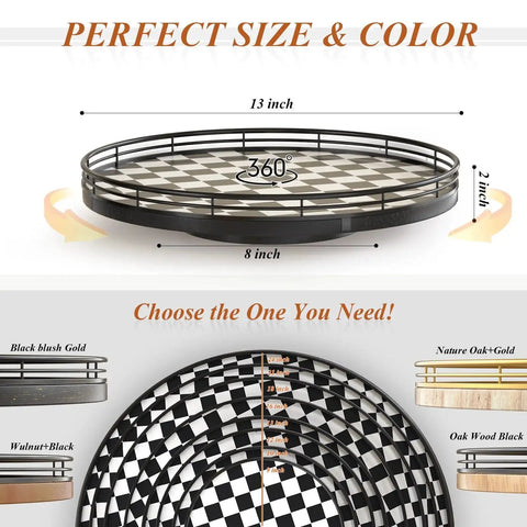 Black And White Checkered Round Lazy Susan Turntable With Iron Frame And 13 Inch Wooden Tabletop Kitchen Organizer Size Chart