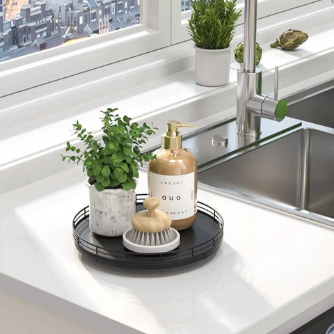 10 Inch Oak Wood Lazy Susan Turntable Organizer on kitchen countertop with plant and soap, black finish, ideal for decor organization