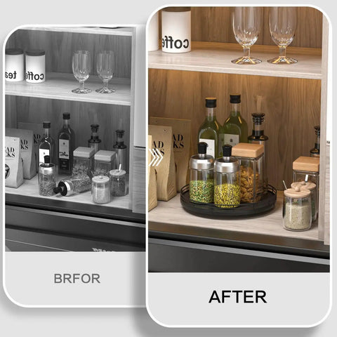 Before and after cabinet with 10 Inch Oak Wood Lazy Susan Turntable Organizer, showcasing spice and bottle arrangement with black finish.