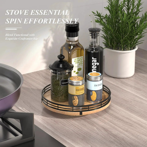 9 Inch Oak Wood Lazy Susan Turntable Organizer with spices and condiments, rustic dining room decor on a kitchen countertop.