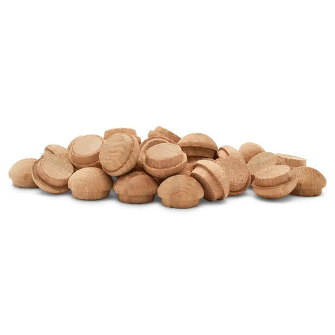 Half Inch Oak Wood Plugs Pack Of 100 With Button Top For Screw Holes, Mushroom Style Decorative Furniture Plugs displayed in a pile