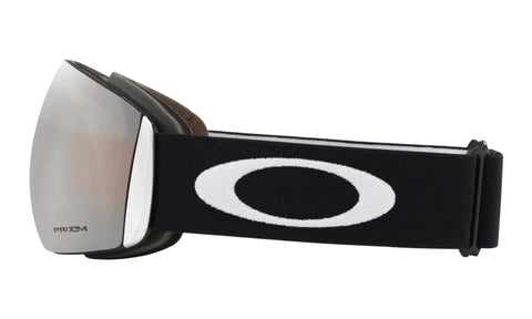 Side view of Oakley Flight Deck Ski Goggles Matte Black With Prizm Black Iridium Lens, showing logo and strap design.