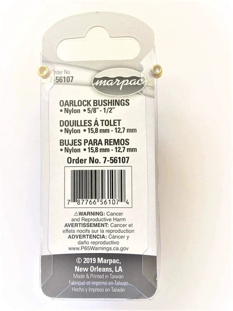 Package of Oarlock Bushings For Boats 5/8 To 1/2 Inch Nylon Black 7-56107 Replacement Part with specifications and barcode