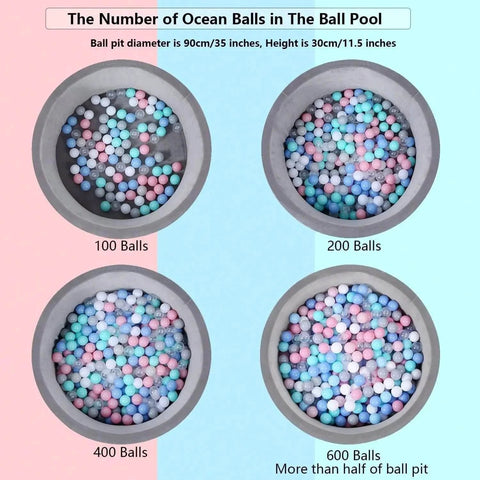 Four ball pit images showing different quantities of colorful ocean balls: 100, 200, 400, and 600 balls in circular pools.