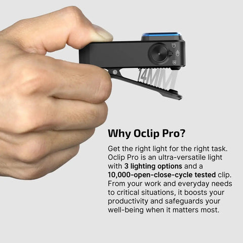 Hand holding an OLIGHT Oclip Pro EDC Clip On Light Rechargeable 500 Lumens With Three Lighting Modes USB C Charging Magnetic Clip