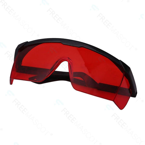 Red OD4Plus Laser Safety Glasses 190nm-550nm For 405/445/450/520/532nm ANSI Z87.1 with black frame, angled view.