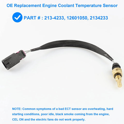 Coolant temperature sensor with brass threaded probe and black braided wiring harness.