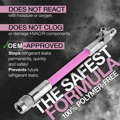Extreme Ultra A/C leak-stop injector with pink tubing and metal fittings; OEM-approved HVAC/R leak sealant tool