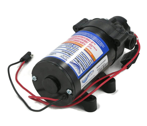Close-up of OEM Everflo 2.2 GPM, 12 Volt, 70 PSI, Diaphragm Pump EF2200 with red and black wires for agricultural use