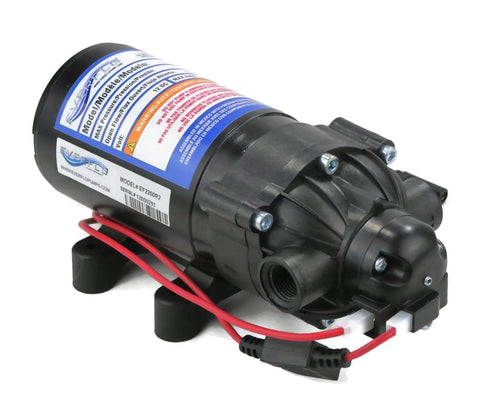 OEM Everflo 2.2 GPM, 12 Volt, 70 PSI, Diaphragm Pump EF2200 with wiring and label visible