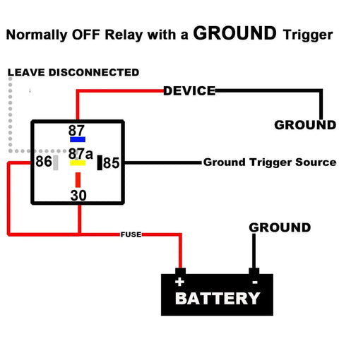 Diagram of Beefy 12V DC 80/60 Amp Waterproof Automotive Relay With Pigtail, 5 Pin SPDT showing ground trigger connections.