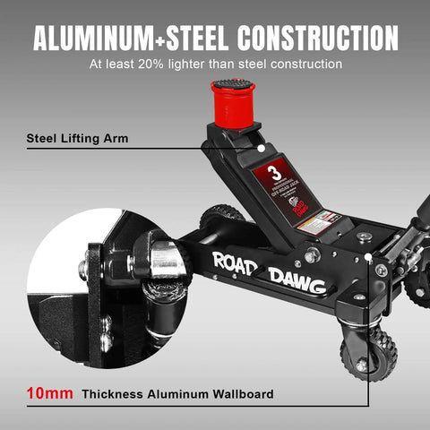 Heavy Duty Off Road Floor Jack With 3 Ton Capacity And Big Wheel Design For Muddy Terrains, Dual Pistons Quick Lift Pump, Aluminum And Steel Construction, Lifts Trucks SUVs ATVs And Other Off Road Vehicles, Road Dawg 6000 Lb Capacity shown with steel lifting arm and aluminum wallboard details
