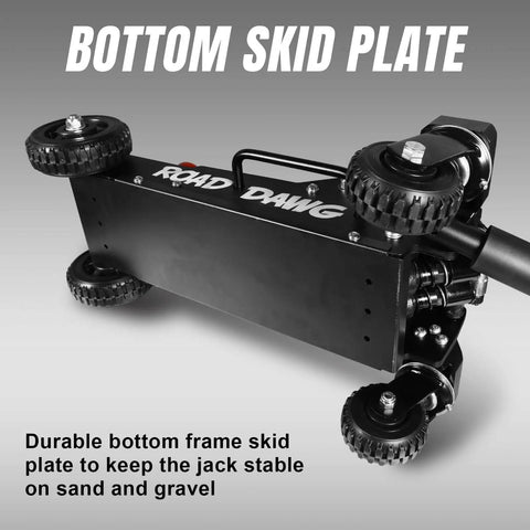 Bottom view of Road Dawg floor jack showing skid plate and big wheel design, part of Heavy Duty Off Road Floor Jack With 3 Ton Capacity.