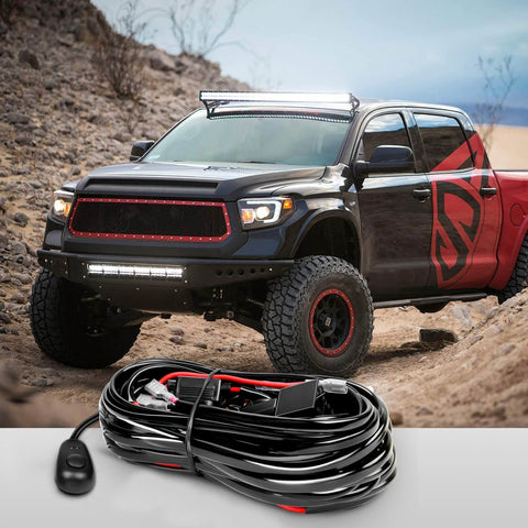 16 AWG Off Road LED Light Bar Wiring Harness Kit With 12V Relay On Off Rocker Switch And Two Leads, 2.5 Meter Cord shown with truck