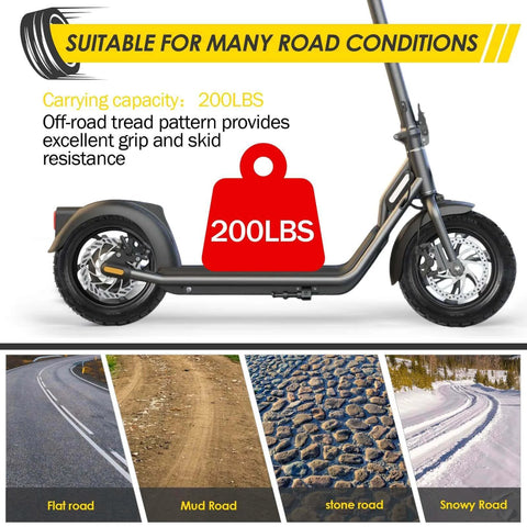 10x2.75-6.5 Scooter Tire Off Road showcasing tread pattern and 200 lbs capacity, suitable for various road conditions like flat, mud, stone, snowy.