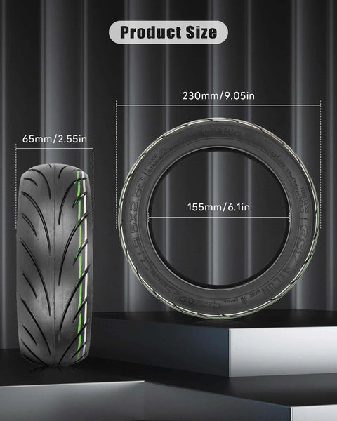 Product dimensions of 9.5 x 2.50 Off-Road Tire 9.5 Inch Tubeless Tire for KQI3 Electric Scooter Accessories, side and front view.