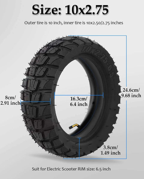 10 Inch 10x2.75-6.5 Off-road Rubber Outer Tire with Inner Tube Suitable for Speedway 5 Dualtron 3 Hover-1 Alpha Hiboy Titan PRO Electric Scooter Explosion-Proof Super-Grip showing dimensions.