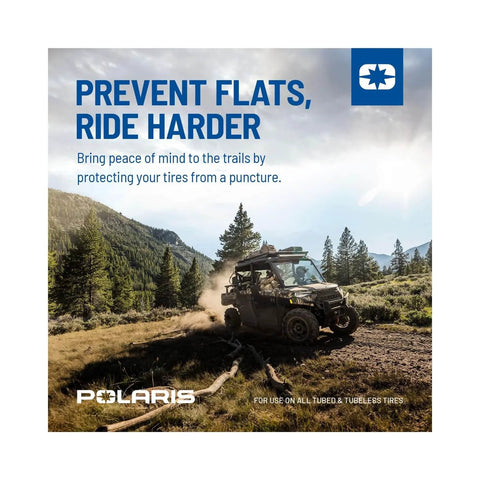 Off-road vehicle driving through forest trail, text reads 'Prevent Flats, Ride Harder', suitable for tire puncture protection with tubed and tubeless tires.