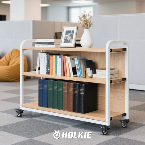 Wooden bookshelf on 2 inch stem caster wheels with books and decor in a modern office setting.